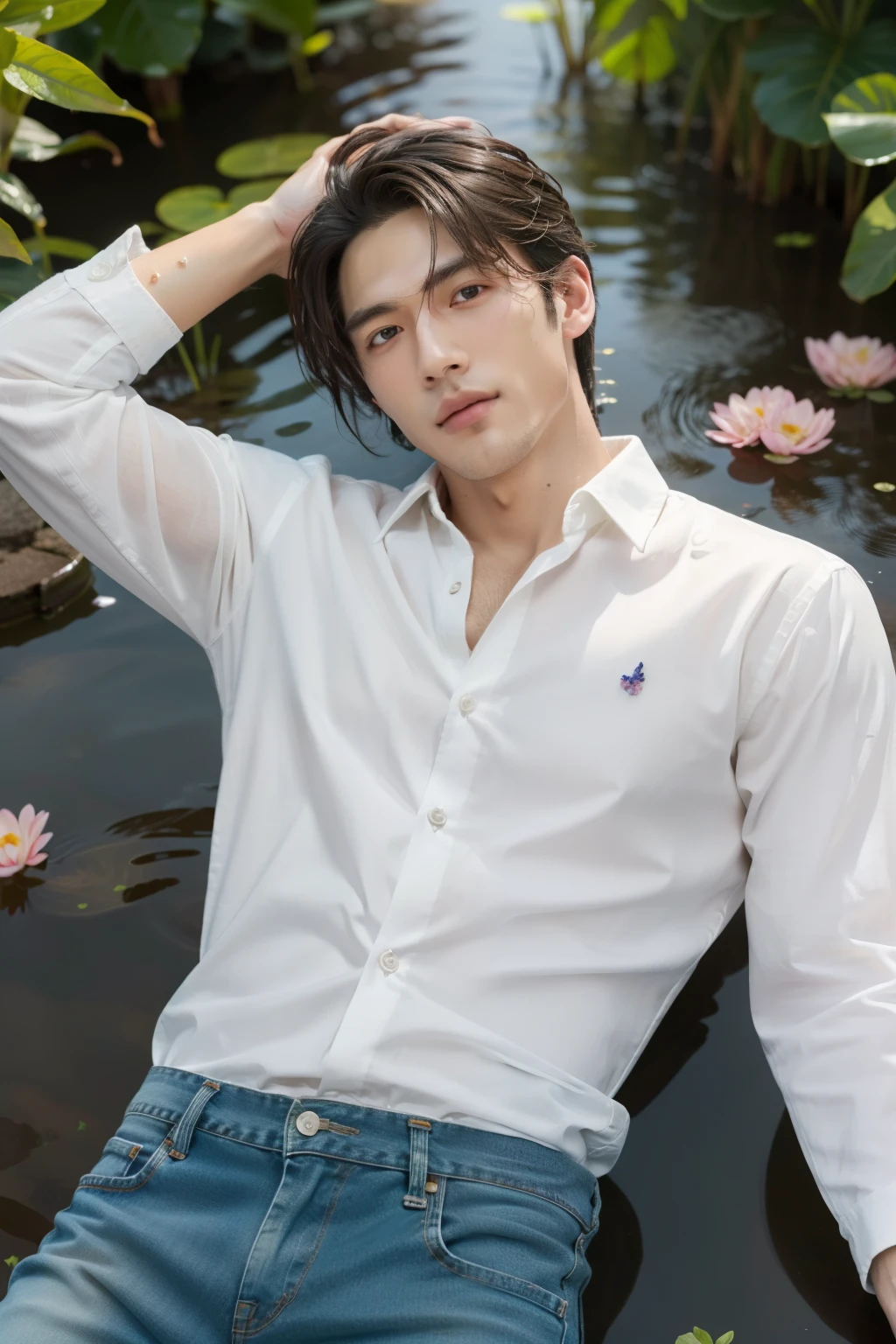 masterpiece, best quality, 1 male, adult, handsome, tall muscular guy, broad shoulders, finely detailed eyes and detailed face, extremely detailed CG unity 8k wallpaper, intricate details, The pond is filled with colorful flowers, A man lying on back comfortably in it, from directly above, white shirt, jeans, wet, colorful, artistic, depth of field