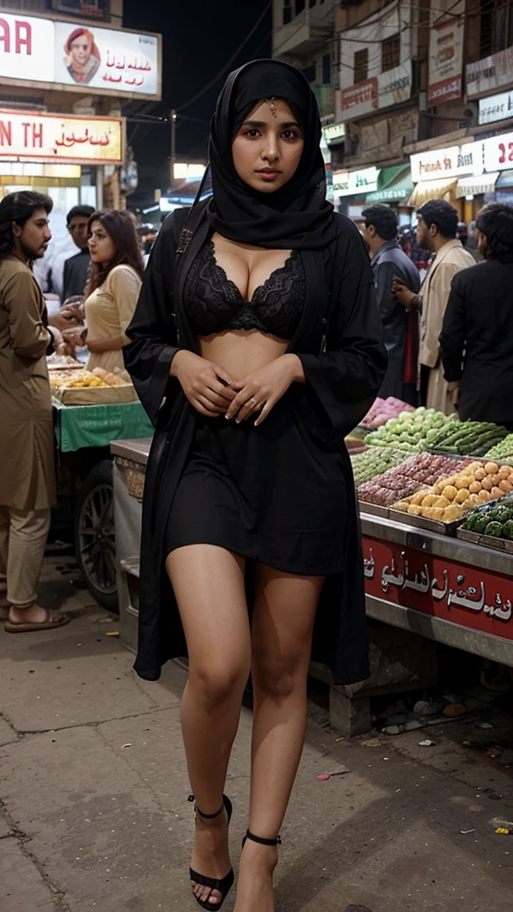 Shazia Khan, A sexy Pakistani 24-year-old woman standing in a busy street market in Lahore, Pakistan, overlooking a picturesque scenery, dressed in revealing black attire wearing a headscarf/hijab with a big cleavage.