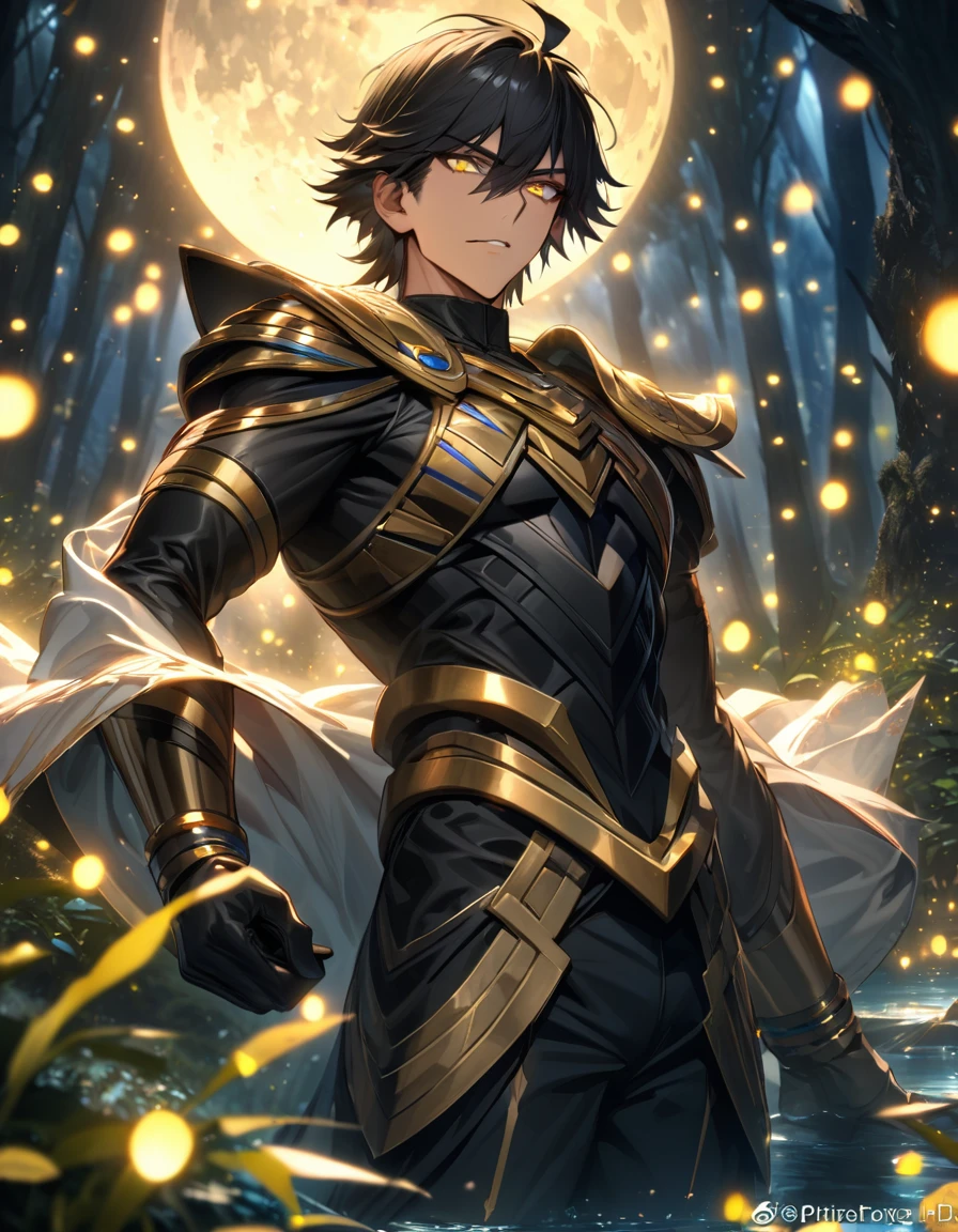 absurdres, highres, ultra detailed, HDR, masterpiece, extremely detailed face and eyes, beautiful eyes, perfect face, delicate features, Ozymandias, expressive yellow eyes, black hair, Fate Grand Order, solo, man, handsome, black clothes, black pants, black gloves, magical forest, shining trees, shinning fireflies, moon, water
