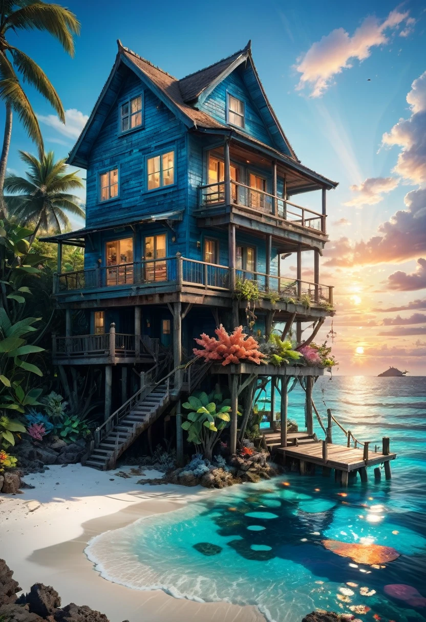 Blue Coast, "Stunning photo realistic  image of a small cozy beach house on a small uncharted paradise island surrounded by clear water with colorful coral reefs under the water!" by Awwchang and James_Christensen and CGSociety and Carne_Griffiths, ultradetailed, intricate, maximalist, ultra_quality, 8k , beautiful_composition, sunset , vibrant colours