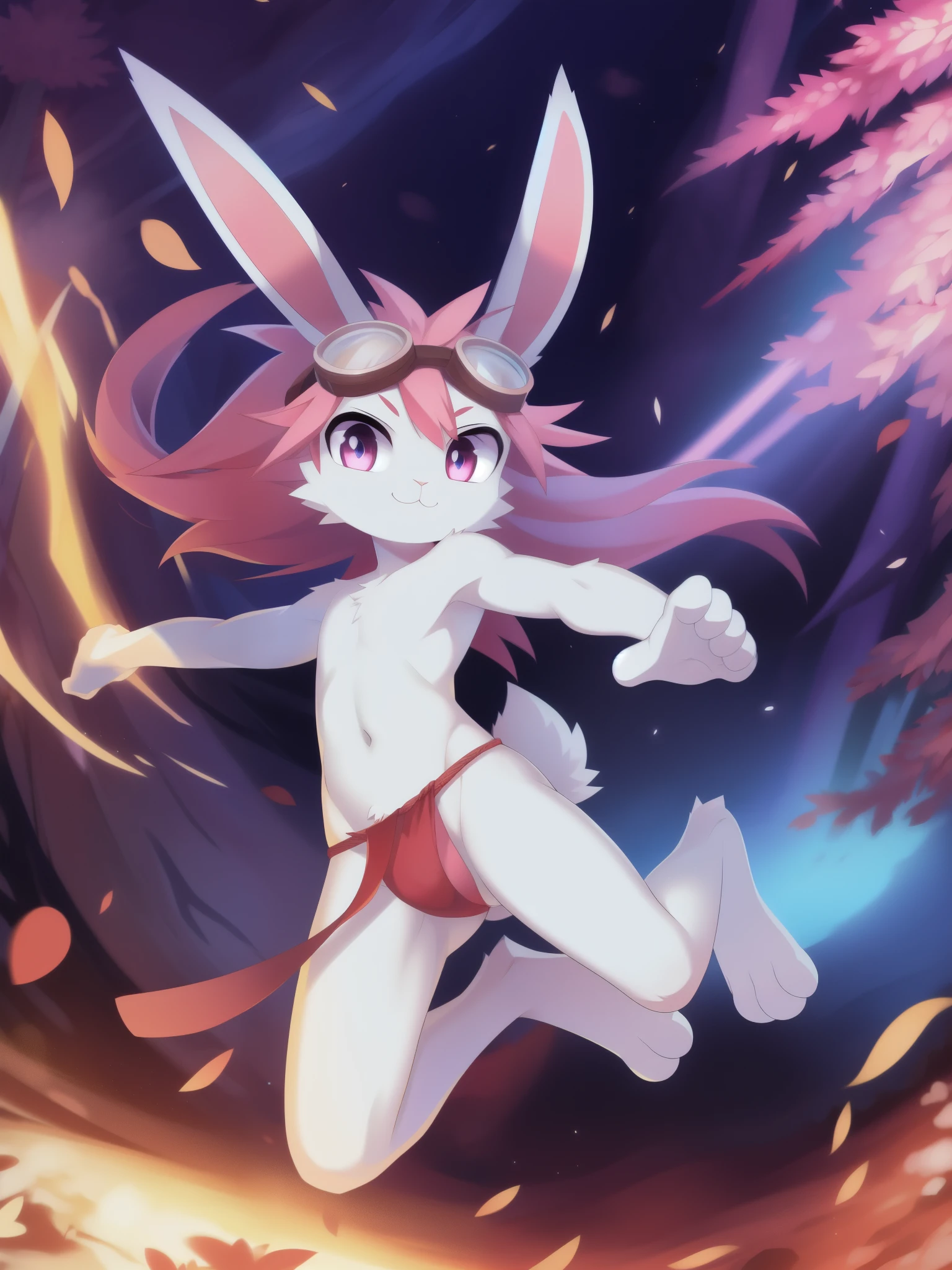 full-length_portrait, Furry shota, rabbit, long rabbit ears, pink hair, long spiky ponytail, spiky hair, detailed body fur, Pink eyes, ((red fundoshi, goggles)), looking at you, white body fur, detailed face, big eyebrows, detailed eyes, detailed body, sakura forest, clear sky, detailed hands, flat body, glistering body, shiny body, skinny, spectacular effects, sassy face, :3, perfect lighting, perfect shadows, perfect eyes, perfect hair, perfect face, gorgeous body, full body, feets with three toes, 3 toes, action: karate fight, fighter,