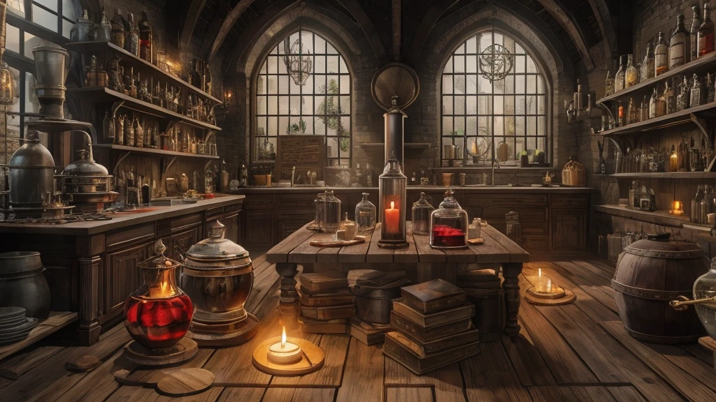 "(fond d'ultra-detailed Unity 8k CG display,chef-d'artwork, best quality, profondeur de champ, HDR, complexe), de Greg Rutkowski, atmosphère sombre et maussade, alchemist preparing potions at their large wooden table in a dark, candlelit underground laboratory, surrounded by'équipements arcaniques et de chaudrons bouillonnants. L'alchemist has a mysterious and intense expression, debout au milieu de la vapeur et de la fumée tourbillonnantes alors qu'ils utilisent leur magie pour transmuter les éléments. The scene is dominated by dark hues of black and deep red, with a striking contrast between light and'ombre. L'effet global est celui d'une puissance inquiétante et d'un mystère envoûtant.."
