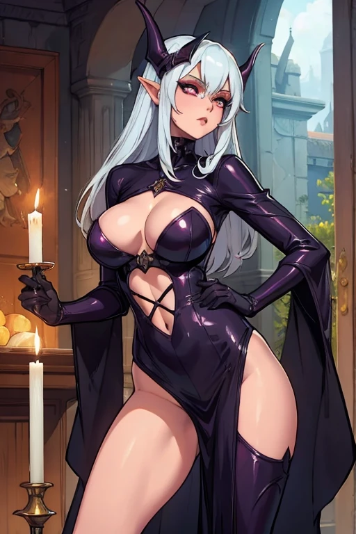 imagined a sfw dominatrix dark elf black & red bondage outfit holding fighting a candle