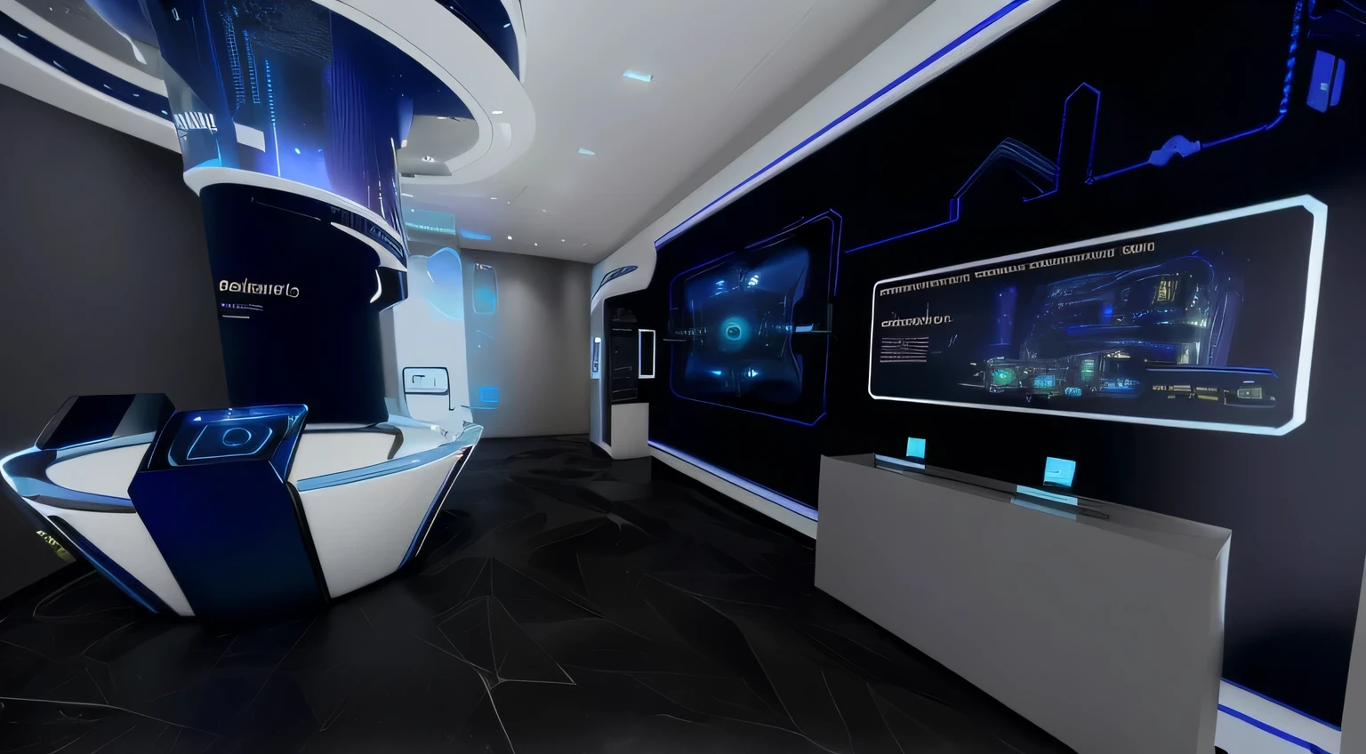 There is a futuristic display on the wall，Futuristic design, virtual metaverse room, hyperdetailed samsung store, Exhibition Hall Scene, Virtual installation, 3D ios room photos,, Virtual Reality, futuristic room, futuristic hall, Digital Wall, futuristic interior, Digital screen on the wall, know-become within, futuristic setting