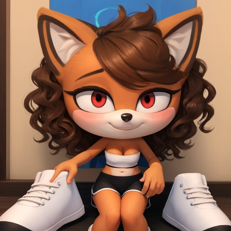 mobian, hedgehog, two-tone fur ((orange fur, brown fur)), pyjama elastic shorts, strapless crop top, cleavage, high-top sneakers, two-tone hair (brown hair, black tip)), curly hair, halo, sunglasses, jewelry, red eyes, longeyelashes, red eyes, smile, shy, blush, high detail, masterpiece, UHD, anatomically correct, super detail, highres, 4K