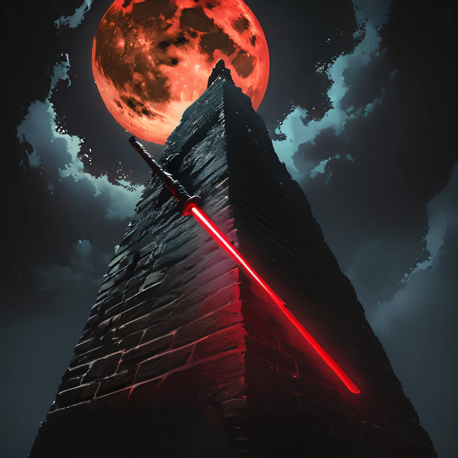 (masterpiece, best quality:1.2), Death holding a red light saber on top of a chimney, Full moon in the night sky, Dark fantasy illustration style , dark arts, High contrast, Dark Shadows, atmospheric perspective, Melancholic colors, Film composition, Volumetric Lighting, Digital Painting, Brush strokes, Dramatic Lighting, Low angle shot, Surrealism, Super detailed, Hyper-realism