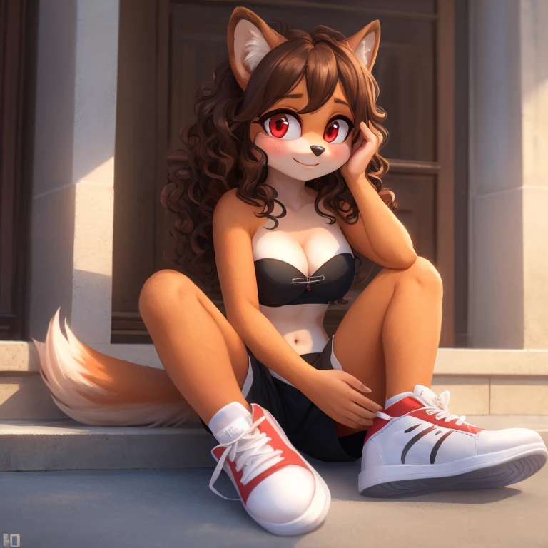 mobian, hedgehog, two-tone fur ((orange fur, brown fur)), pyjama elastic shorts, strapless crop top, cleavage, high-top sneakers, two-tone hair (brown hair, black tip)), curly hair, halo, sunglasses, jewelry, red eyes, longeyelashes, red eyes, smile, shy, blush, high detail, masterpiece, UHD, anatomically correct, super detail, highres, 4K