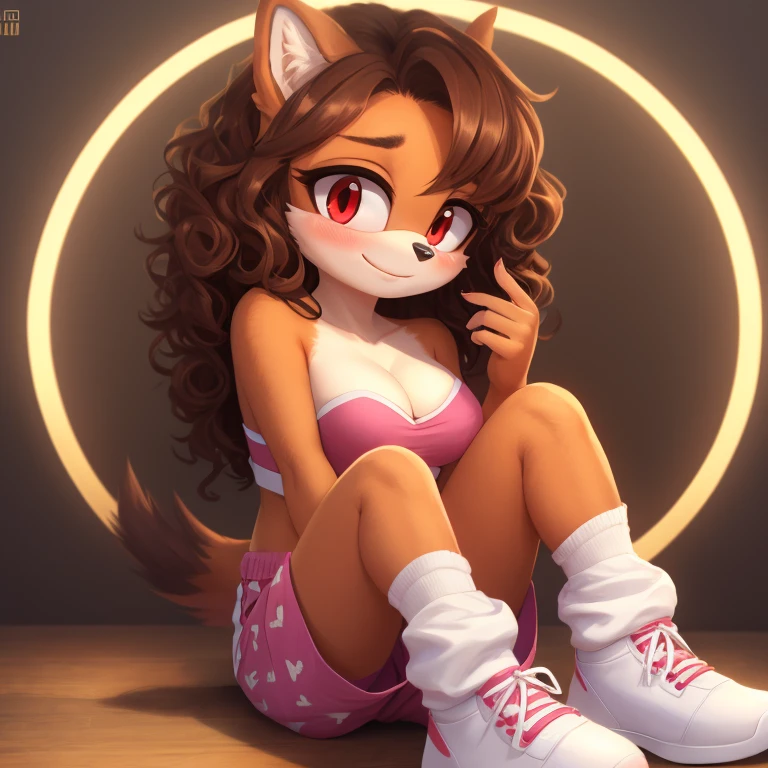 mobian, hedgehog, two-tone fur ((orange fur, brown fur)), pyjama elastic shorts, strapless crop top, cleavage, high-top sneakers, two-tone hair (brown hair, black tip)), curly hair, halo, sunglasses, jewelry, red eyes, longeyelashes, red eyes, smile, shy, blush, high detail, masterpiece, UHD, anatomically correct, super detail, highres, 4K