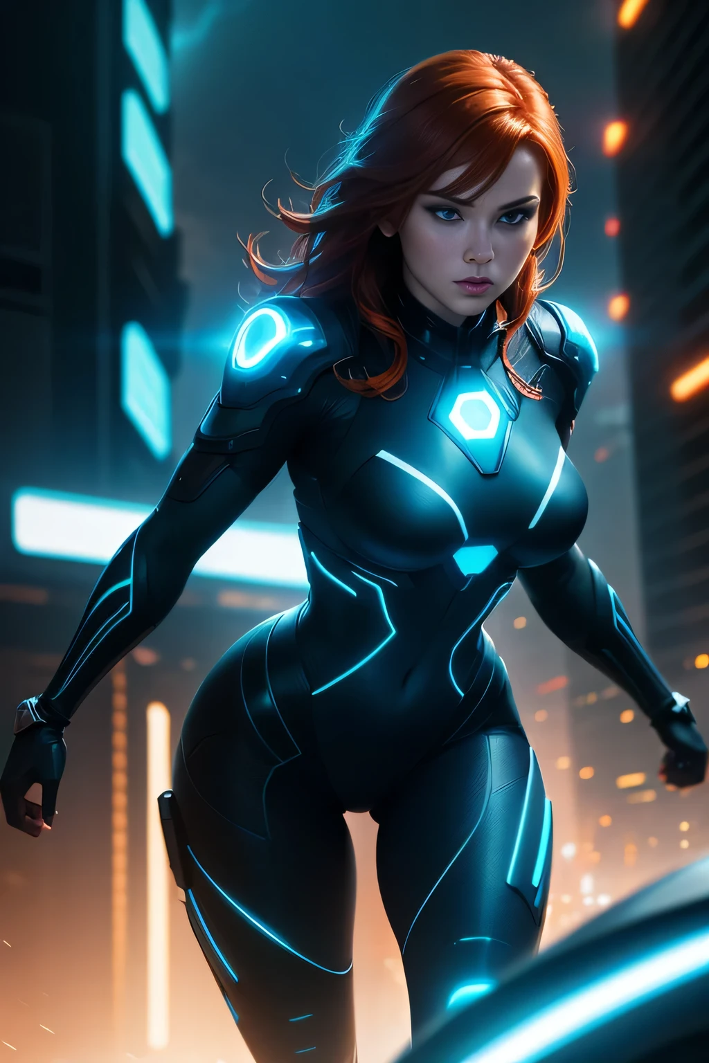Tron legacy redhead, large breasts, light cycle, blue and orange neon lights , dark lighting, dystopian setting, photorealistic, ultra high quality, depth of field, tron cityscspe, sfw