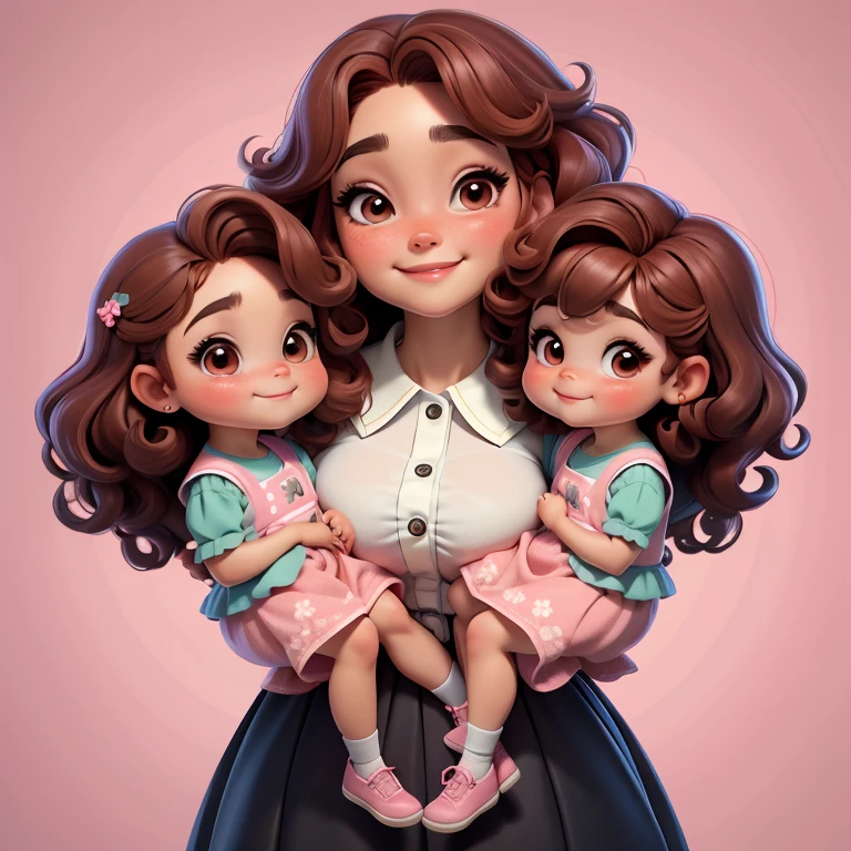 Mother with two daughters, Adorable baby chibi, com um sorriso radiante no rosto, vestidas com roupa rosa, Brown hair is full of curls , bem gordinha uma com os olhos grandes e azuis a outra com os olhos castanhos