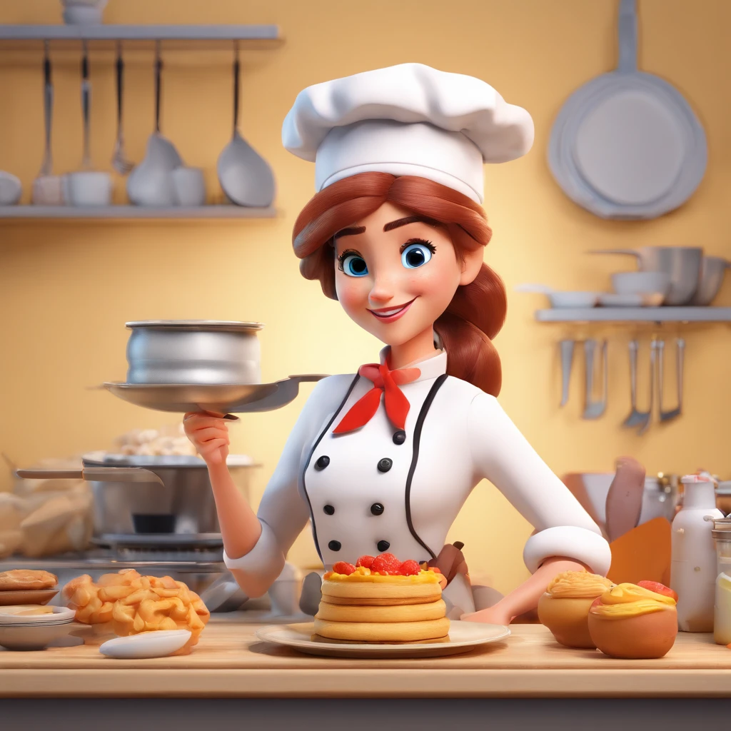 Crie uma cena de desenho animado estilo 3d -Pixar, Onde uma mulher, de cabelos lisos castanhos com 35 anos de idade, She's cooking dressed as a pastry chef.