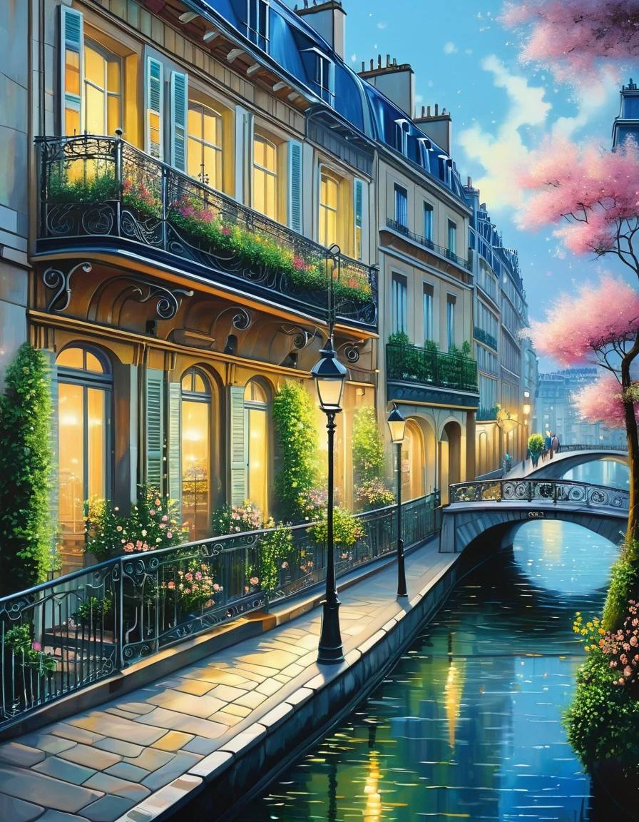 A poetic picture of Paris, France with the 1960's romantic style in the spring when flowers are starting to bloom, oil on canvas painting, photo realistic, insanely detailed and intricate city scene, volumetric lighting, with a couple sitting by the Seine river, including reflections of the city lights on the water, and capturing the intricate ironwork of balconies and railings, studio Ghibli art style