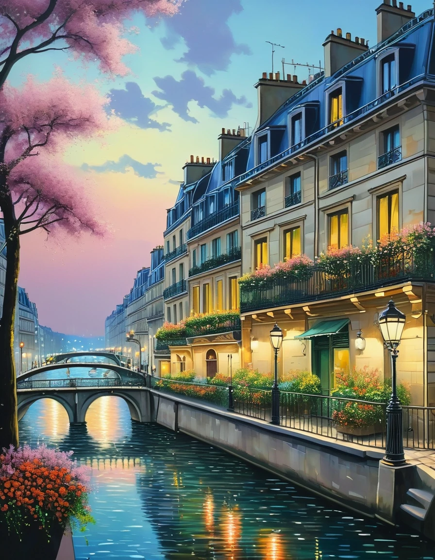 A poetic picture of Paris, France with the 1960's romantic style in the spring when flowers are starting to bloom, oil on canvas painting, photo realistic, insanely detailed and intricate city scene, volumetric lighting, with a couple sitting by the Seine river, including reflections of the city lights on the water, and capturing the intricate ironwork of balconies and railings, studio Ghibli art style