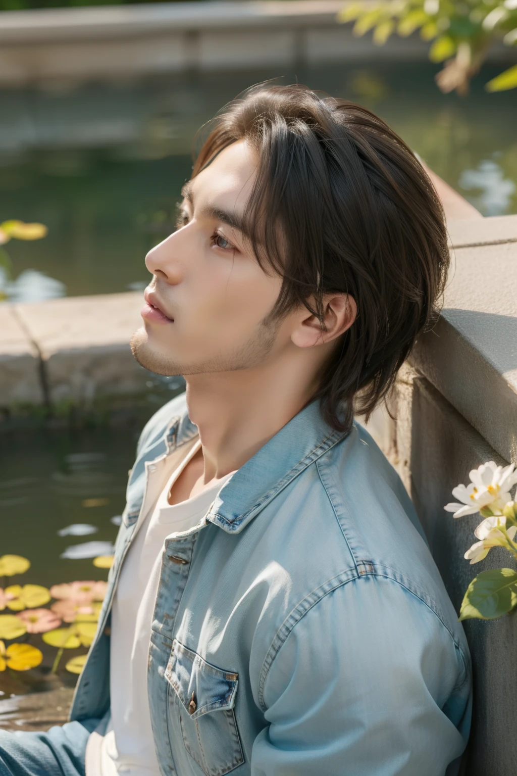 masterpiece, best quality, 1 male, adult, handsome, tall muscular guy, broad shoulders, finely detailed eyes and detailed face, extremely detailed CG unity 8k wallpaper, intricate details, The pond is filled with colorful flowers, A man lying on back comfortably in it, from directly above, white shirt, jeans, wet, colorful, artistic, depth of field