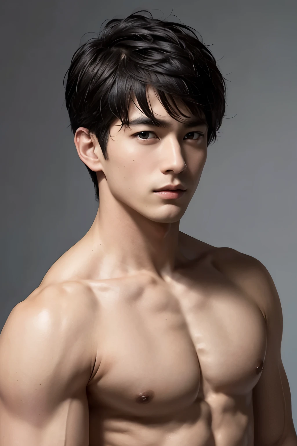 short detailed hair, upper body,musculature,Black hair,serius face,Handsome boys,