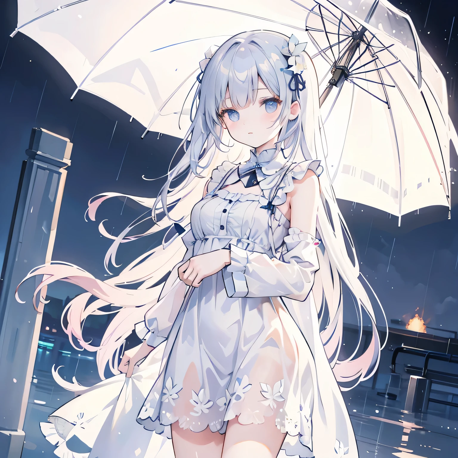 ((best quality, 8k, Lace maxi dress, Standing in the rain, , Highly detailed face and skin texture, Delicate eyes, Double eyelids.)