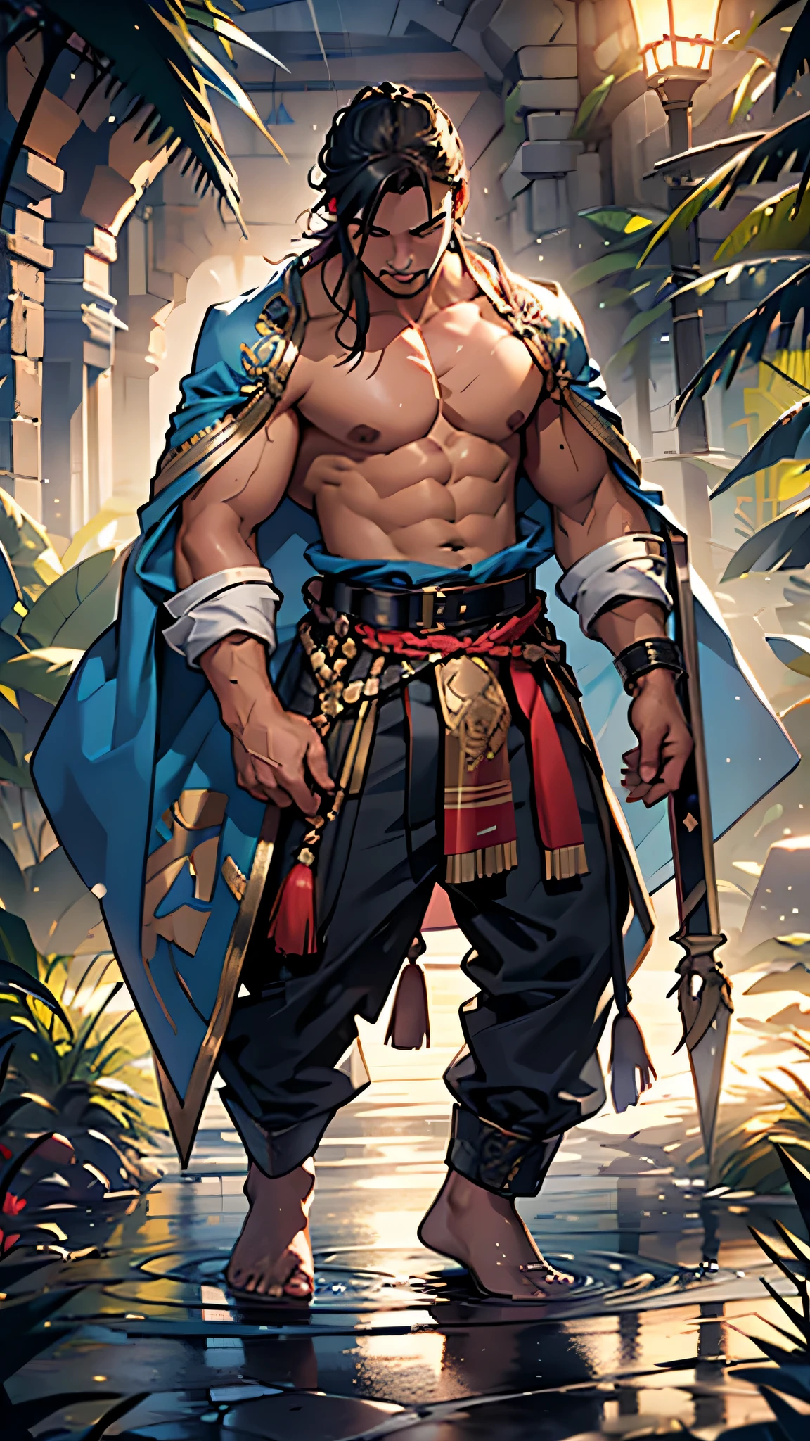 An ancestral, hot muscular male, ancestral clothes, exaggeratedly tall man, cavemen 