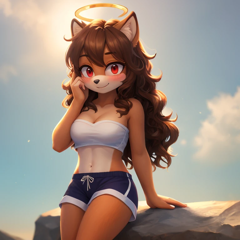 mobian, hedgehog, two-tone fur ((orange fur, brown fur)), pyjama elastic shorts, strapless crop top, cleavage, high-top sneakers, two-tone hair (brown hair, black tip)), curly hair, halo, sunglasses, jewelry, red eyes, longeyelashes, red eyes, smile, shy, blush, high detail, masterpiece, UHD, anatomically correct, super detail, highres, 4K