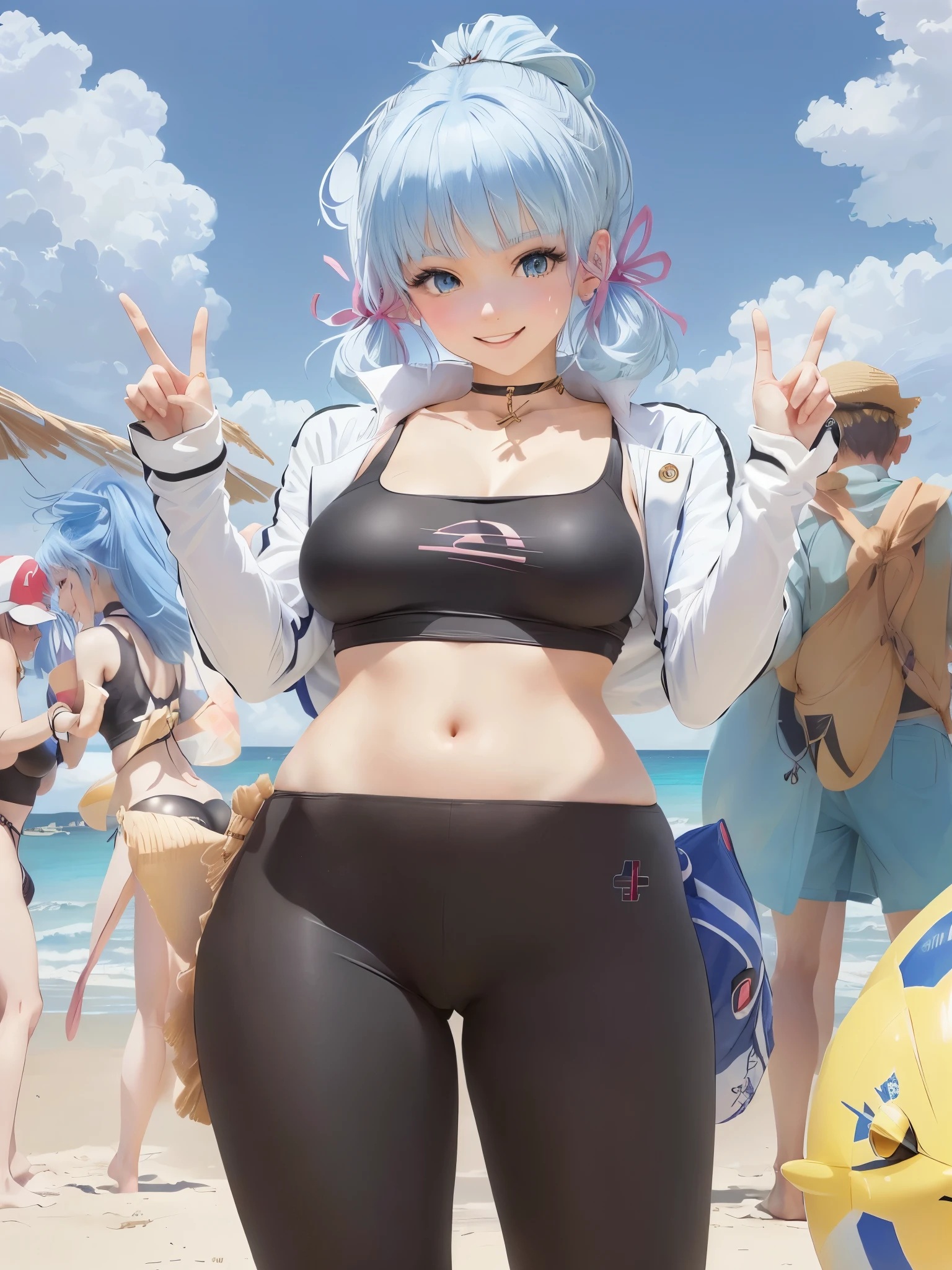 anime girl with blue hair and black pants on the beach, is wearing a swimsuit, at the beach, at a beach, in the beach, pokemon trainer outfit, swimsuit, standing at the beach, on a sunny beach, anime moe artstyle, misty from pokemon, pose(arms up + happy), full body portrait of a short!, on a beach