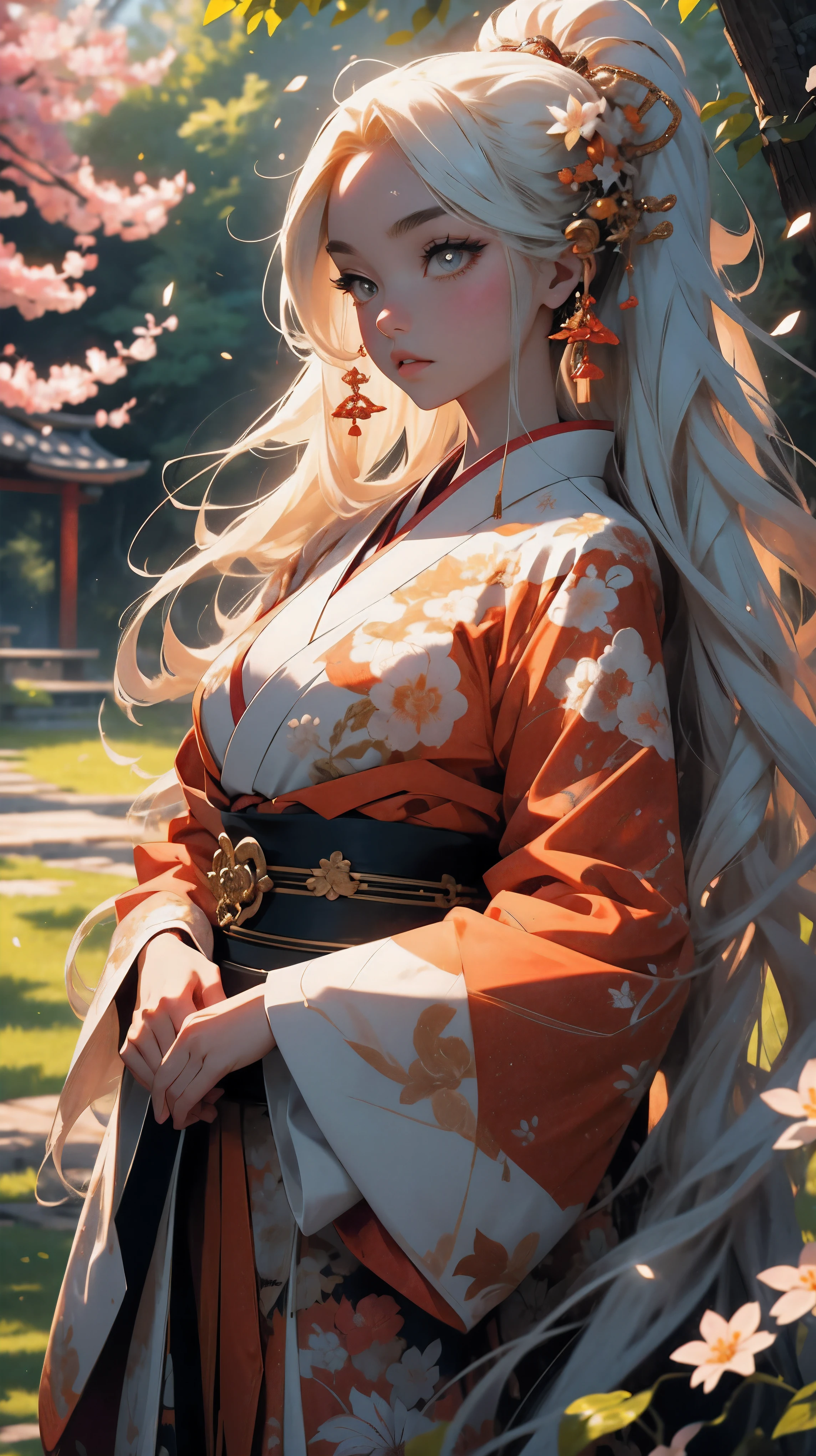 A girl with a beautiful face, expressive eyes, and full lips, representing the mythical creature known as the nine-tailed fox in Japanese culture. Her eyes are detailed and captivating. She has long, flowing hair with vibrant colors, resembling the fur of a fox. The girl is dressed in a traditional kimono, intricately designed with patterns and motifs inspired by nature. The medium used to depict this artwork is a mixture of traditional Japanese ink painting and digital illustration. The combination creates a unique blend of traditional and modern elements, enhancing the mystique and allure of the nine-tailed fox. In the background, there is a serene garden with cherry blossom trees, symbolizing beauty and transience. The garden is filled with vibrant colors, ranging from soft pastels to vivid hues, creating a dreamlike atmosphere. The sunlight filters through the trees, casting a gentle glow upon the girl and her surroundings. The image quality should be of the highest standard, with extreme attention to detail and clarity. It should exhibit photorealistic qualities, almost resembling a photograph. The colors should be vivid and vibrant, evoking a sense of wonder and enchantment. This artwork is characterized by its incorporation of an anime-style, capturing the essence of Japanese culture and aesthetics. The artist aims to convey the grace, elegance, and mysterious allure associated with the nine-tailed fox in Japanese folklore. The overall color tone should be warm and inviting, with a slight emphasis on earthy tones and shades of red and orange, reminiscent of autumn. The lighting should be carefully considered, with soft and diffused light illuminating the main character, creating a sense of depth and dimension. In summary, the Stable Diffusion prompt for this artwork should include the following tags: female character, nine-tailed fox, beautiful detailed eyes, beautiful detailed lips, long flowing hair, vibrant colors, traditional kimono, ink painting,