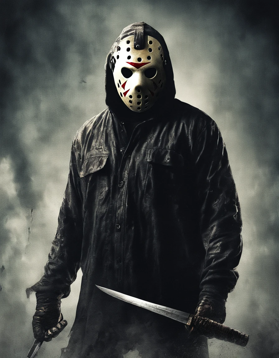 Jason Voorhees, his mask broken in half revealing a caucasian man face, wielding a machete, cinematic horror style, realistic photo