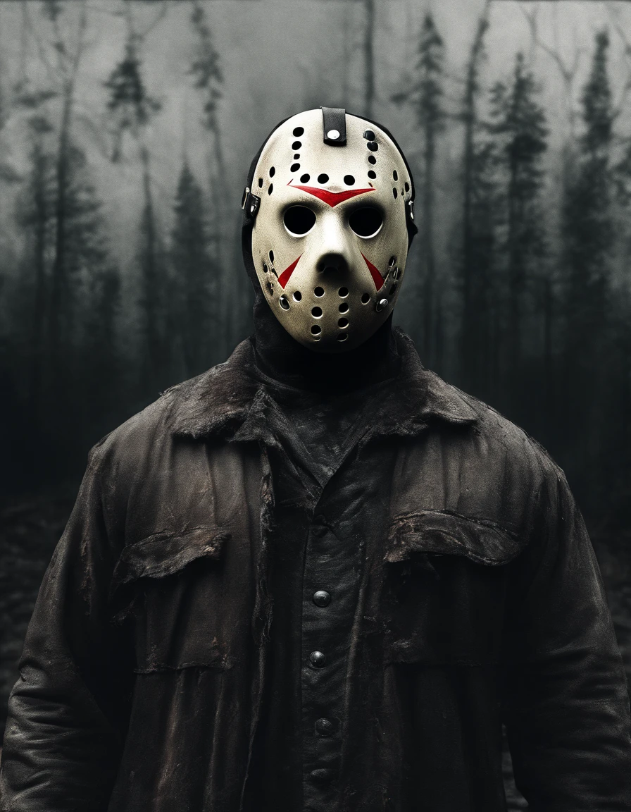 Jason Voorhees, his mask broken in half revealing a caucasian man face, wielding a machete, cinematic horror style, realistic photo