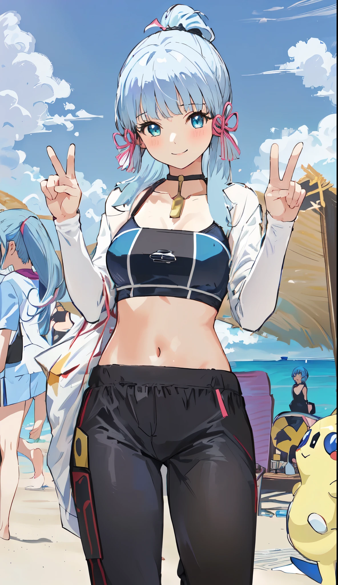 anime girl with blue hair and black tight yoga pants on the beach, is wearing a swimsuit, at the beach, at a beach, in the beach, pokemon trainer outfit, swimsuit, standing at the beach, on a sunny beach, anime moe artstyle, misty from pokemon, pose(arms up + happy), full body portrait of a short!, on a beach