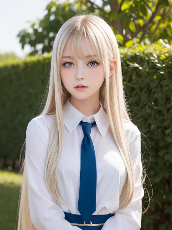 plein air、Swaying bangs、Glossy white beautiful skin、Sexy and very beautiful good looks、Beautiful and cute face、Super long platinum blonde hair、Big blue eyes with radiant transparency、Beautiful 16 year old ultimate cute beautiful girl、Uniforms,  Nude, Nake