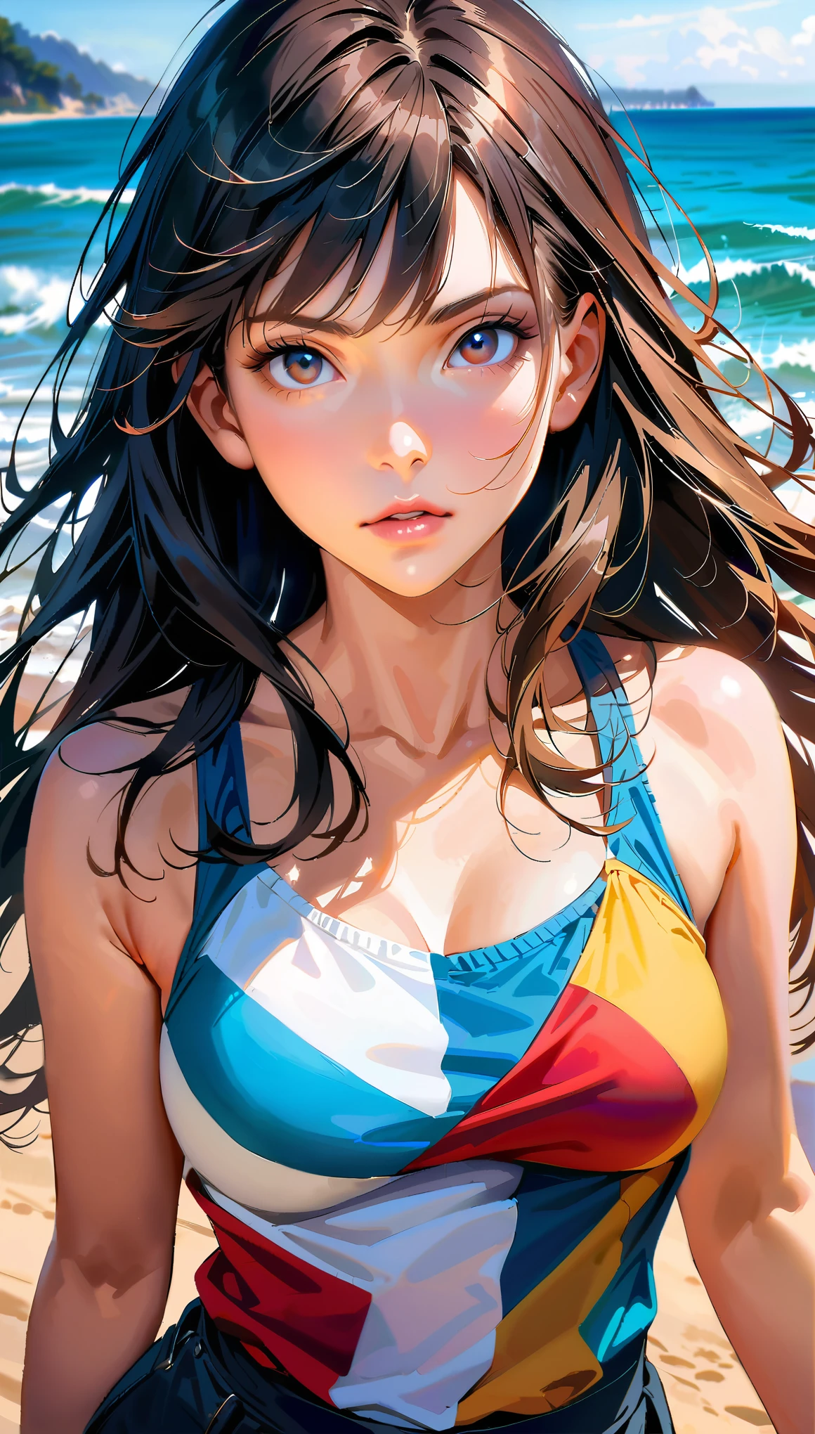 (master detailed anime)(Anime style)(RAW Photos)(master quality)(HDR)(8K)(Super detailed)(Perfect Anatomy)masterpiece, highest quality, (Yoshida Ayumi)(School Swimsuit)(Sandy beach On the sand)(Detailed eyes)(Detailed eyes)(Detailed hands)(Detailed fingers)Red hair band Brown hair Short hair