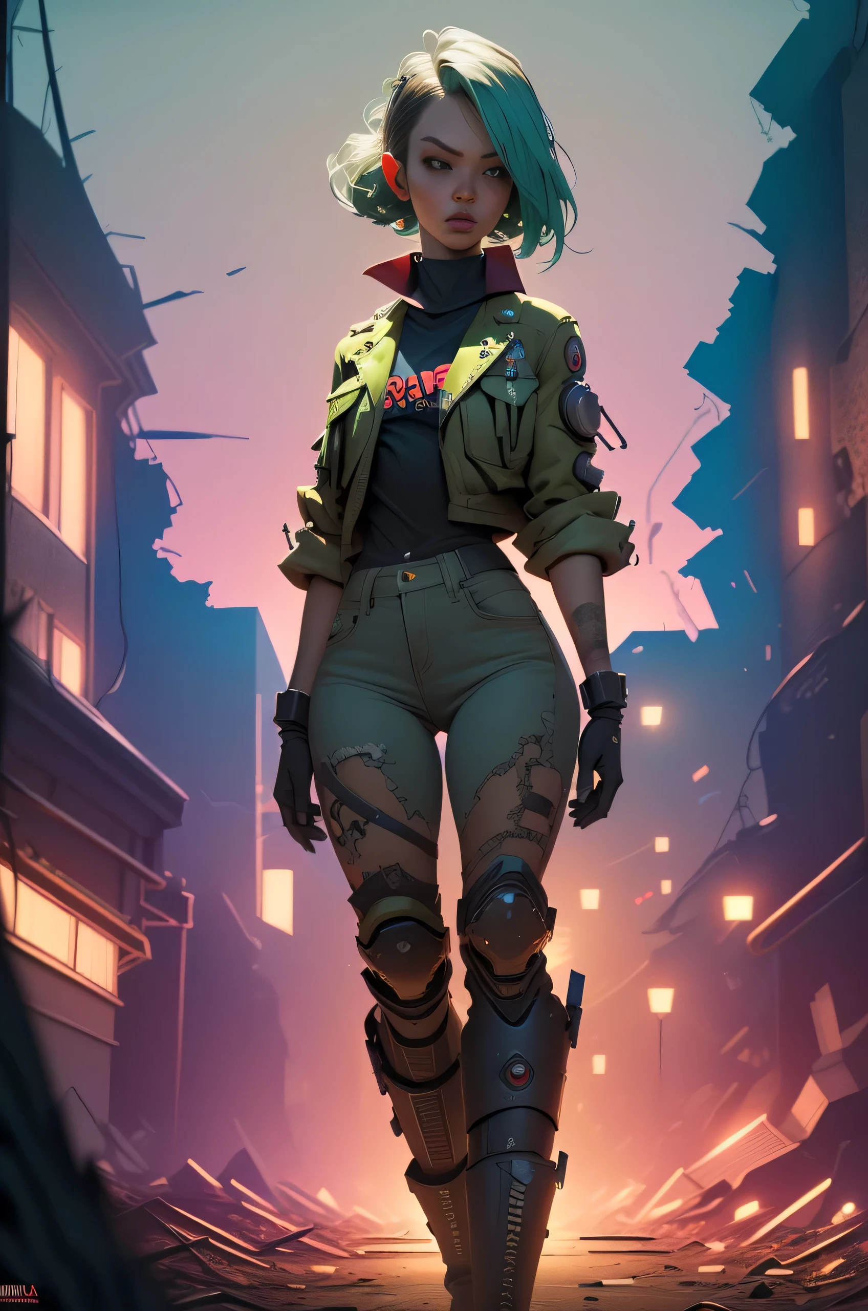 long shot, full body, ((Create a post-apocalyptic wasteland with advanced technology Creative Fabrica:1.7)), ultra detailed:1.6, cinematic, explosive, post-apocalyptic, Mad Max, punk, leather, metal, Dynamics, supreme quality, details intricate, cinematic lighting, metallic surfaces), Best possible quality, Ultra resolution 8K, Stunning illustration, best of all, Awarded, like being the best, leather jacket, pink sunglasses: 1.3, light ripped and frayed jeans, ((pink, cyan, brown, green, white colors: 1.5) ), epic desert setting: 1.5, photorealistic: 1.4, skin texture: 1.4, super masterpiece, super detailed, hyper detailed, ((night, darkness: 1.6)), 32K