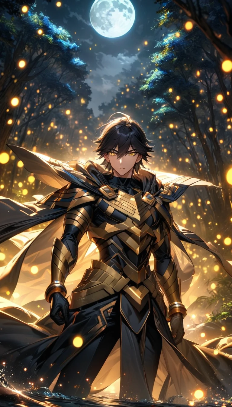 absurdres, highres, ultra detailed, HDR, masterpiece, extremely detailed face and eyes, beautiful eyes, perfect face, delicate features, Ozymandias, expressive yellow eyes, black hair, Fate Grand Order, solo, man, handsome, black clothes, black gloves, magical forest, shining trees, shinning fireflies, moon, water