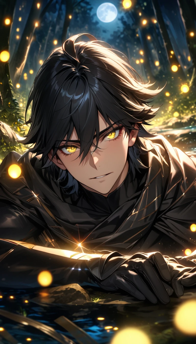 absurdres, highres, ultra detailed, HDR, masterpiece, extremely detailed face and eyes, beautiful eyes, perfect face, delicate features, Ozymandias, expressive yellow eyes, black hair, Fate Grand Order, solo, man, handsome, black clothes, black gloves, magical forest, shining trees, shinning fireflies, moon, water
