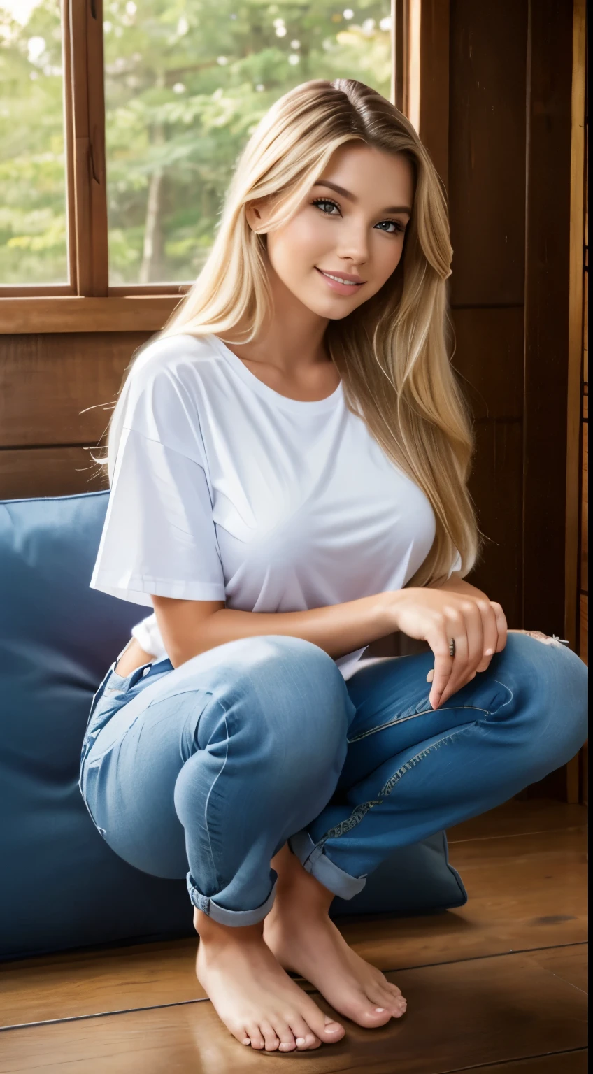Foto hiperrealista en primer plano de Emily Sears, masterpiece, best quality, (photorealistic:1.4), full body, (white oversize male t-shirt:1.1), (blue jeans:1.2), brown sandals, sitting on the sofa in wooden cabin, darkness night, night, during the night, neons, cinematic light, beautiful woman, skinny, large big breasts, straight blond hair, detailed face, smile, facing the camera, photo taken from a distance, age of 20 years old,