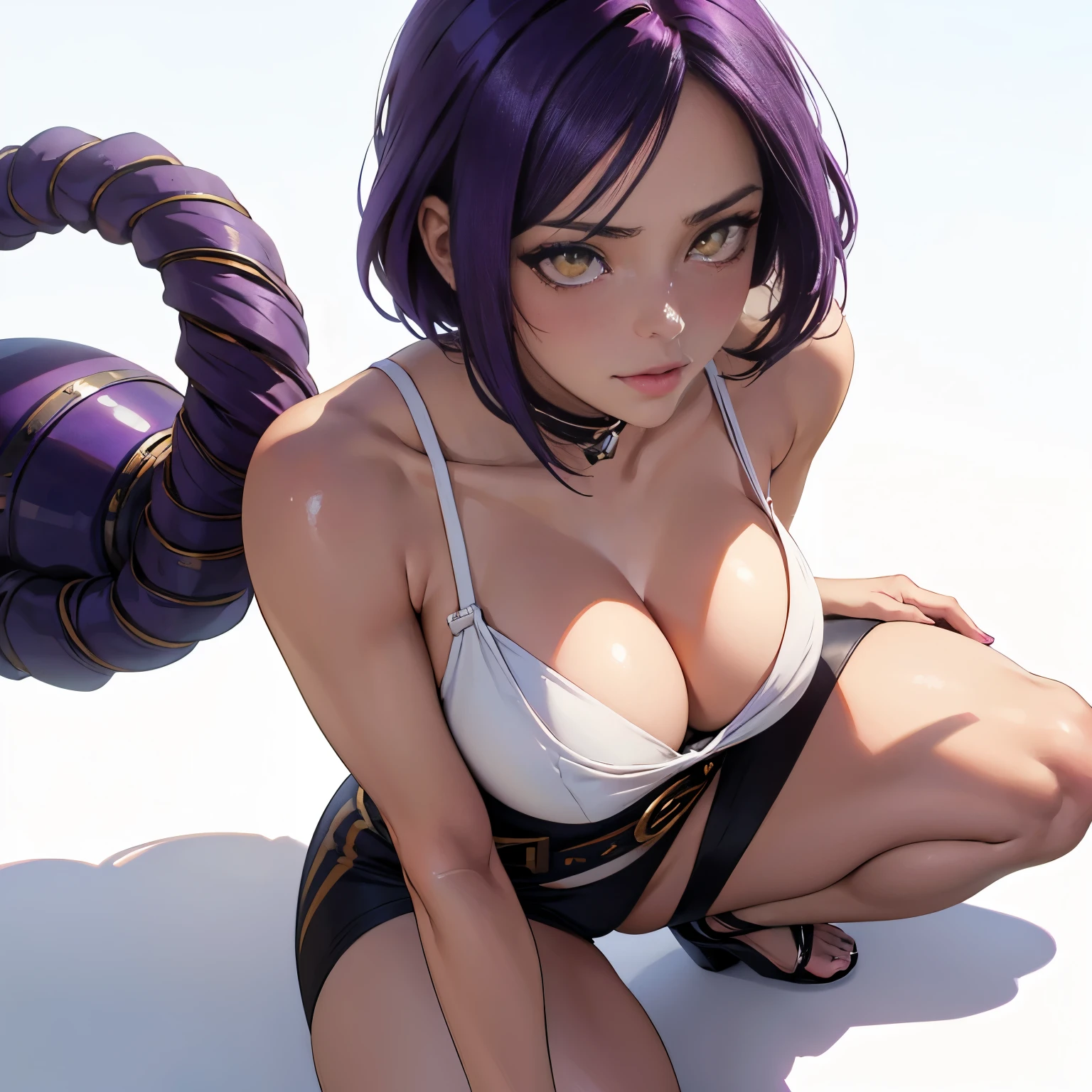 Yoruichi, prostitute, best quality: 1.1, 1 girl, (yellow iris), detailed yellow eyes, well-aligned eyes, extremely detailed face, blushing cheeks, perfect face symmetry, smiling, embarrassed, (orange prostitute clothes), BREAK intricate details on hands, intricate details on fingers, (very huge) breasts, purple hair, detailed hair, short hair, defined figure, thick muscular legs, small defined waist, (very much voluptuous body), (very much muscular body), lascivious woman, nymphomaniac woman, dynamic pose, Interacting, (whole body perspective), ((white background scenery with shadows): 1.5)