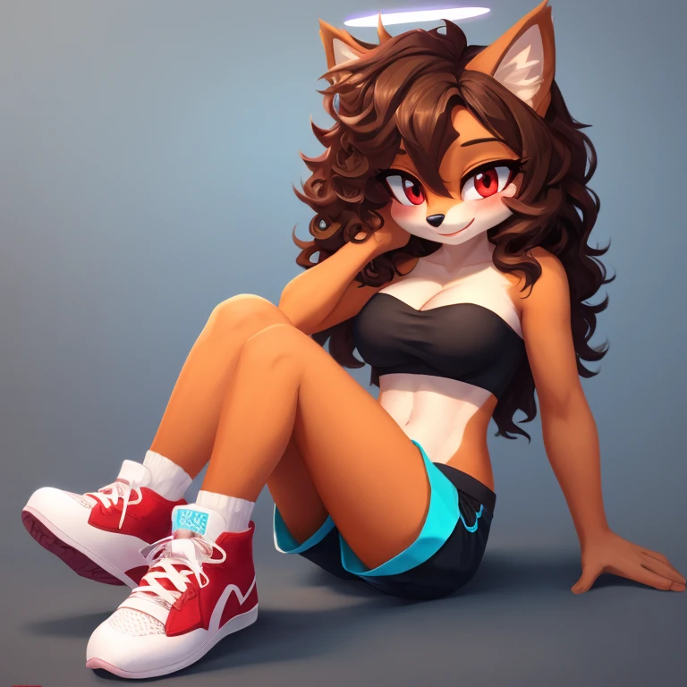 mobian, hedgehog, two-tone fur ((orange fur, brown fur)), pyjama elastic shorts, strapless crop top, cleavage, high-top sneakers, two-tone hair (brown hair, black tip)), curly hair, halo, sunglasses, jewelry, red eyes, longeyelashes, red eyes, smile, shy, blush, high detail, masterpiece, UHD, anatomically correct, super detail, highres, 4K
