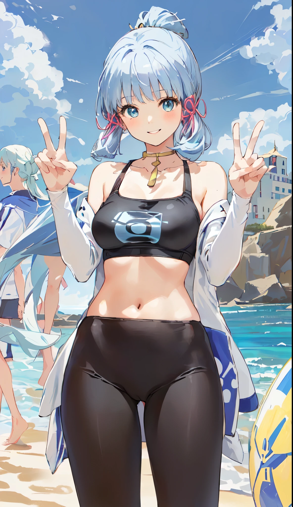 anime girl with blue hair and black tight yoga pants on the beach, is wearing a swimsuit, at the beach, at a beach, in the beach, pokemon trainer outfit, swimsuit, standing at the beach, on a sunny beach, anime moe artstyle, misty from pokemon, pose(arms up + happy), full body portrait of a short!, on a beach