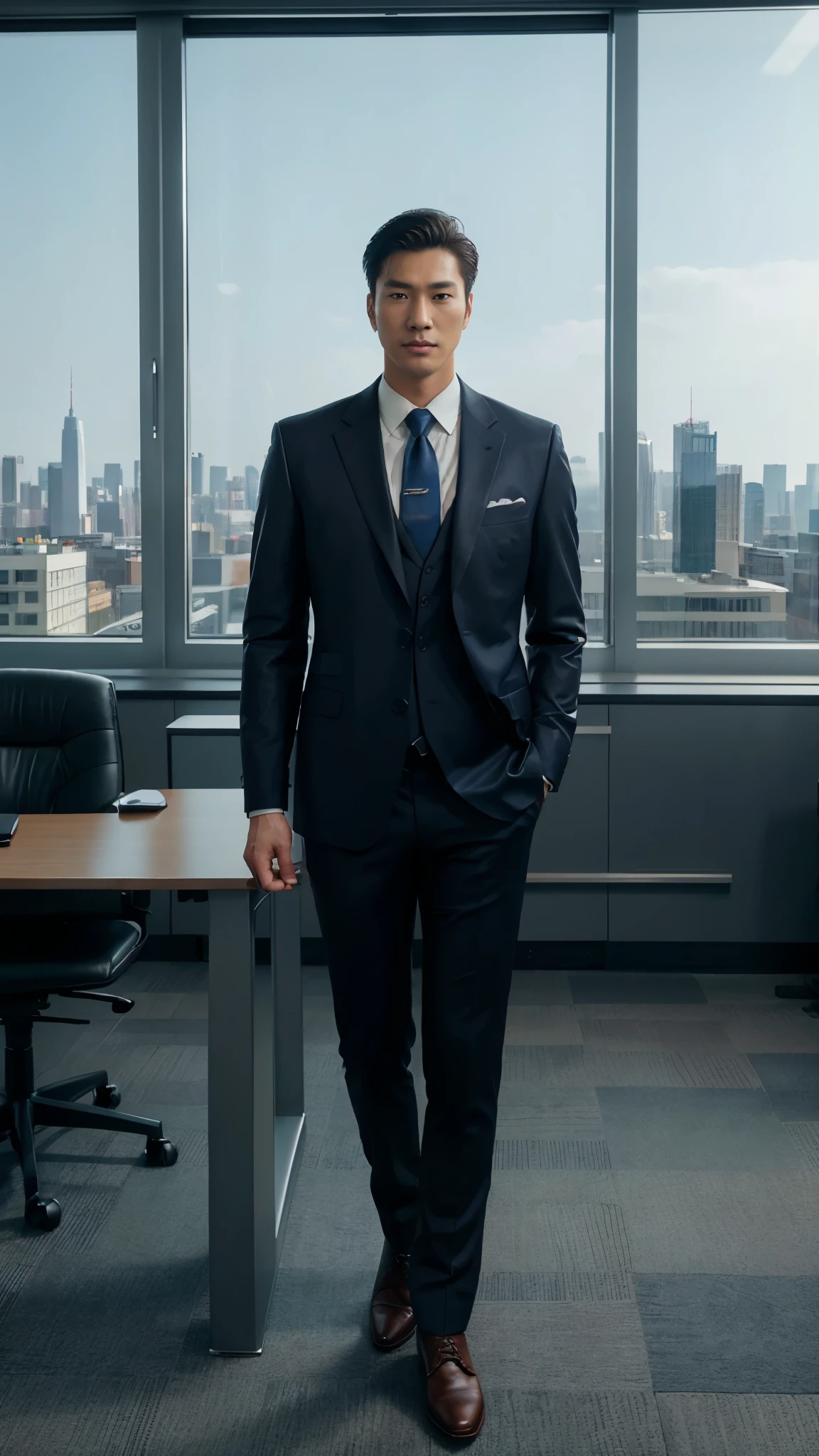 (tall,handsome) Korean man,(navy) suit,leather shoes,(standing:1.1),office,(facing to viewer:1.1),(detailed) facial features,(well-groomed) appearance,(confident) posture,(professional) attitude,(immaculate) presentation,(large) windows with(city skyline view:1.1), (modern) office furniture,(realistic,photorealistic:1.37) rendering, (vivid) colors, (sharp focus:1.1),(studio lighting:1.1),(bokeh) effect.
