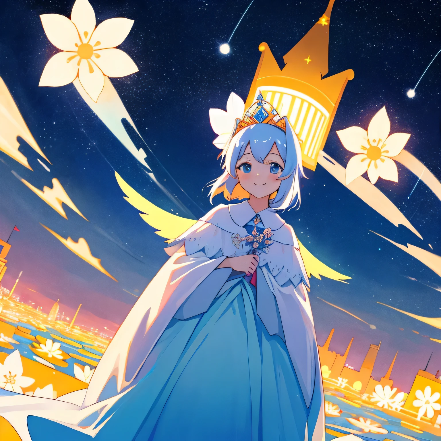 highest quality, expensive_solve, clear_image, Detailed Background ,girl, Random wear,flower, Night Sky,Dutch Angle, Wide Shot,A shy smile, tiara,
