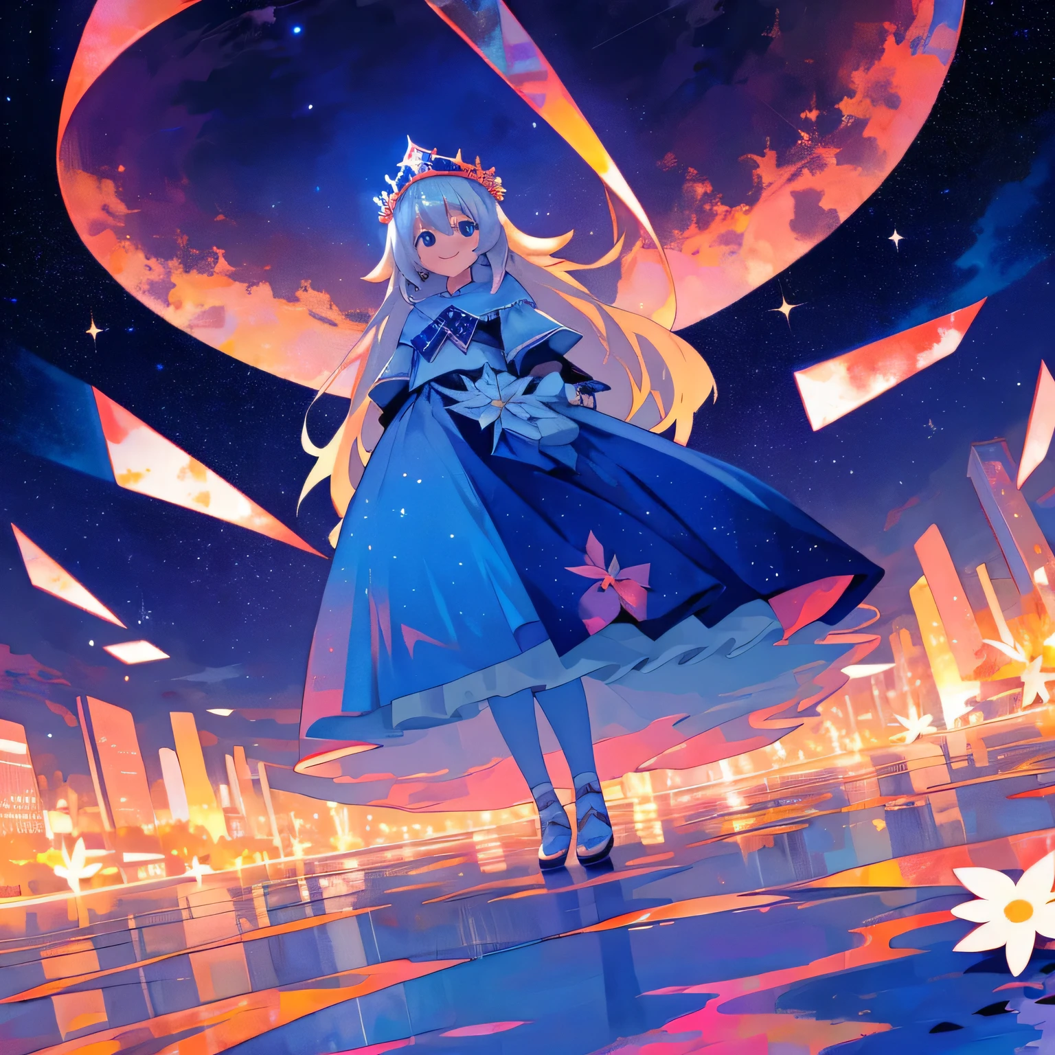 highest quality, expensive_solve, clear_image, Detailed Background ,girl, Random wear,flower, Night Sky,Dutch Angle, Wide Shot,A shy smile, tiara,