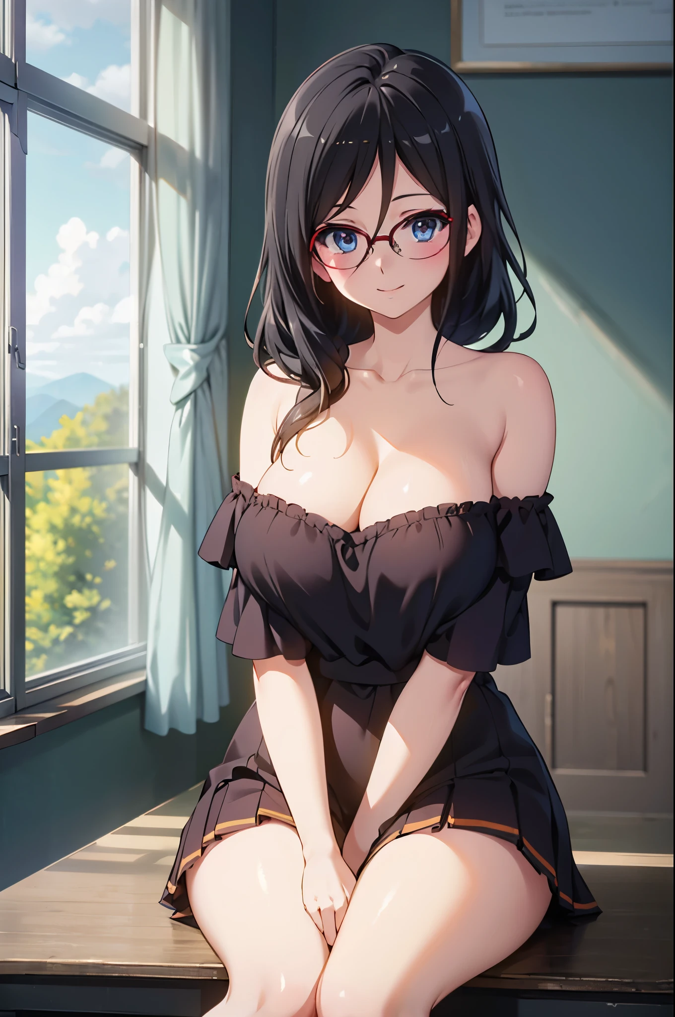 Detailed image, realistic image, coherent image. 1 girl. She has long hair, her hair is black. Her eyes are blue, she wears glasses. She is smiling happily. She has a curvy body, large breasts, wide hips and thick thighs. She is wearing an off-shoulder top, pleated mini skirt. She is sitting on her knees with her legs spread. Background of a school, surrounded by flowers. View from below. Natural lighting, volumetric lighting, realistic shadows,