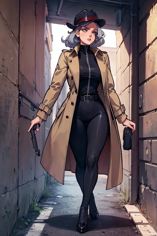 imagined a cartoon sexy silver hair detective woman in a trench coat holding a revolver in 1950 black and white thriller movie
