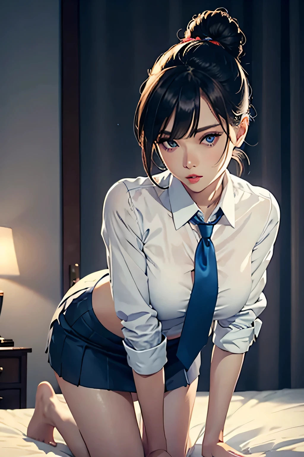 Sexy woman, seductive gaze, parted lips, white shirt, blue tie and skirt, kneeling down on bed, tying her hair in a bun, night time, candles lit