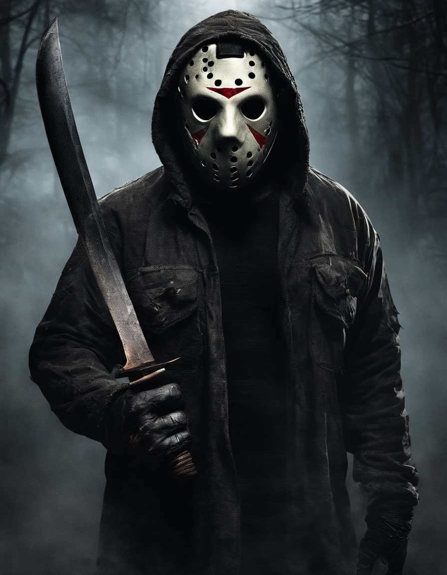 Jason Voorhees, wearing half mask revealing a caucasian man face, wielding a machete, cinematic horror style, realistic photo