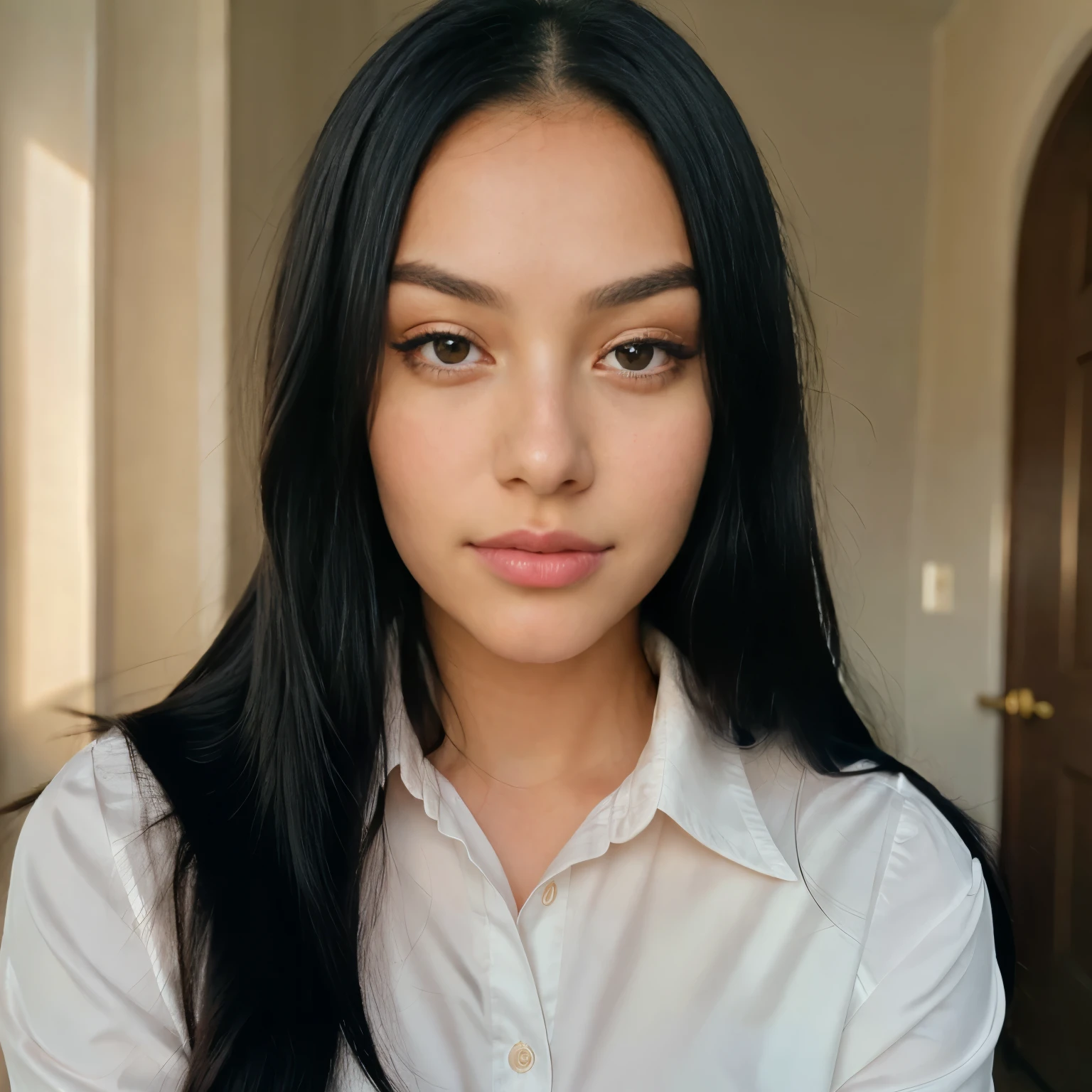 1 girl, long black hair, uniform, Shy, blush, (masterpiece, Best quality), soft light, cinematic composition, cinematic light, face looking at the camera