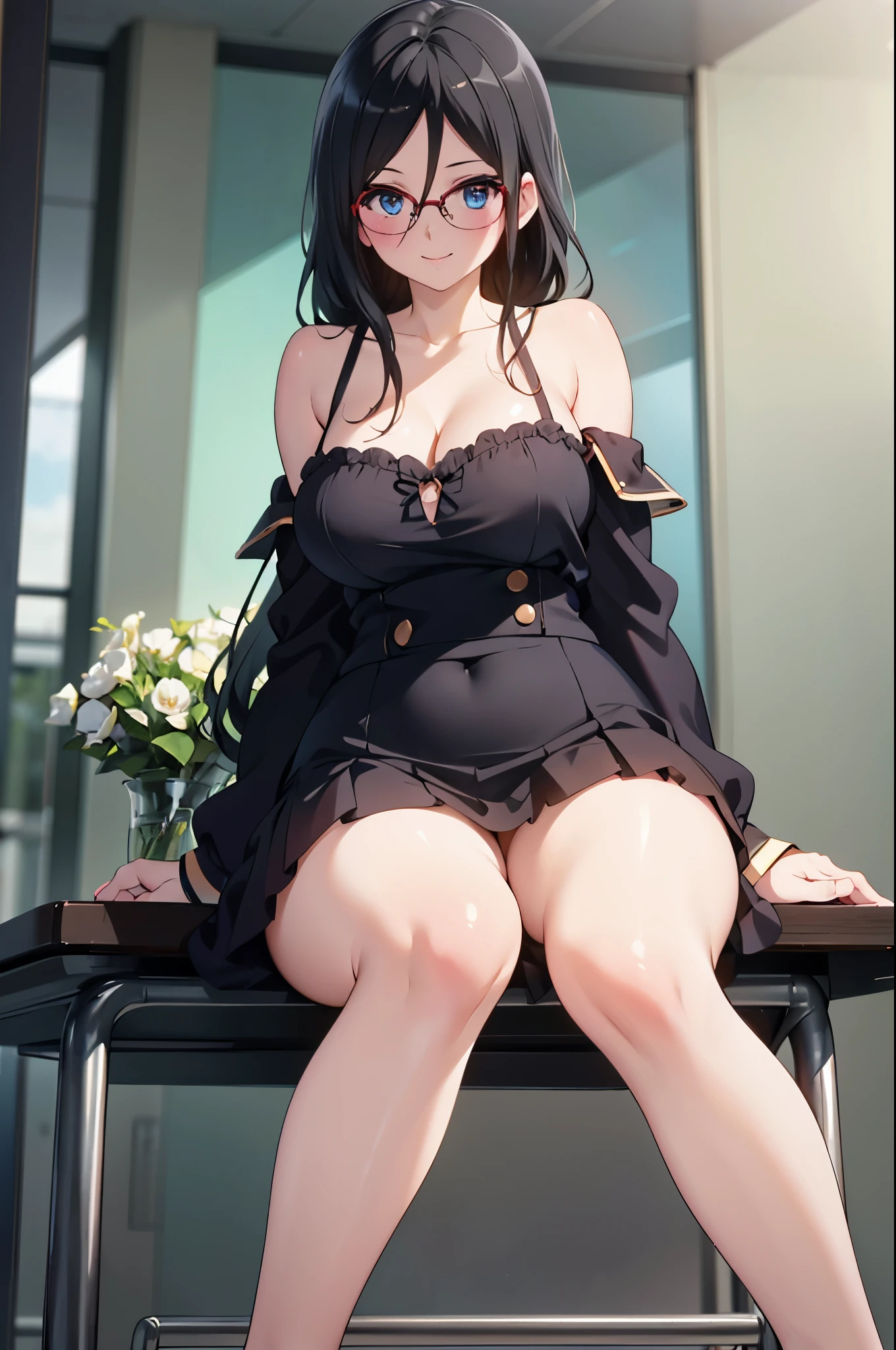 Detailed image, realistic image, coherent image. 1 girl. She has long hair, her hair is black. Her eyes are blue, she wears glasses. She is smiling happily. She has a curvy body, large breasts, wide hips and thick thighs. She is wearing an off-shoulder top, pleated mini skirt. She is sitting on her knees with her legs spread. Background of a school, surrounded by flowers. View from below. Natural lighting, volumetric lighting, realistic shadows,