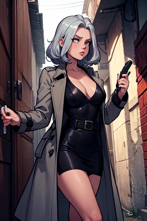 imagined a cartoon sexy silver hair detective woman in a trench coat holding a revolver in 1950 black and white thriller movie