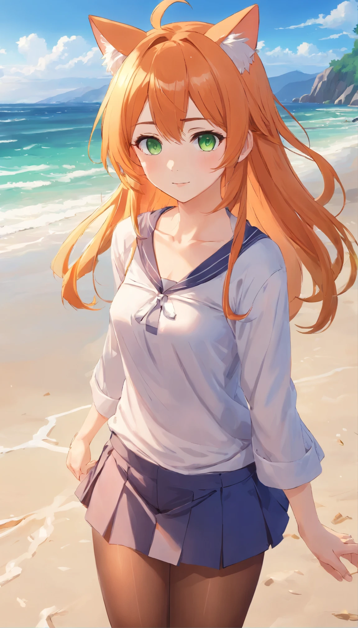 Anime girl with long orange hair, standing on the beach near the ocean, green eyes detailed digital anime art, cat ear, anime girl with long hair, гладкое аниме cg art, anime girl with long hair, digital anime art, work in Guweiz style, Beautiful anime portrait, Photorealistic render of an anime girl, pantyhose, Beautiful anime girl, advanced digital anime art, guweiz на artstation pixiv HD UHD HQ
