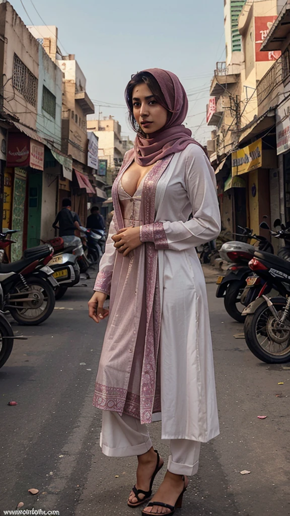 Shazia Khan, A sexy Pakistani 24-year-old woman standing in a busy street in karachi, Pakistan, overlooking a picturesque scenery, dressed in modest attire wearing a headscarf/hijab with a big cleavage.