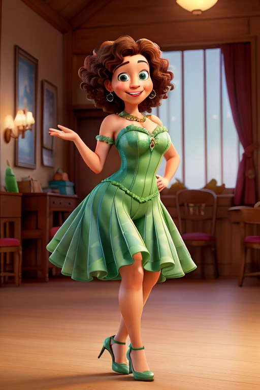 photo Disney Pixar style woman fair skin green eyes short light brown curly hair 50 years old beautiful smile chubby thick thigh dancing flamenco high heel shoes flamenco costume manton