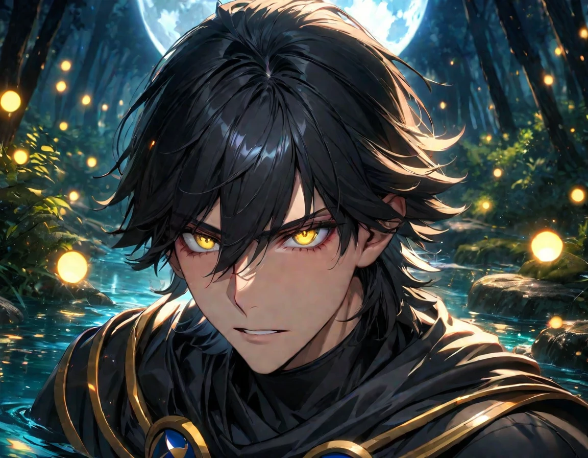 absurdres, highres, ultra detailed, HDR, masterpiece, extremely detailed face and eyes, beautiful eyes, perfect face, delicate features, Ozymandias, expressive yellow eyes, black hair, Fate Grand Order, solo, man, handsome, black clothes, black gloves, magical forest, shining trees, shinning fireflies, moon, water